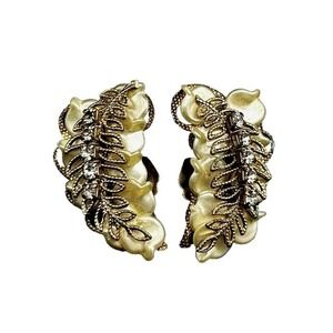 Vintage Clip On Earrings Gold Tone Faux Pearl  Lucite Acrylic Rhinestones Leaves